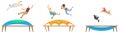 People and pet jumping trampoline vector scene