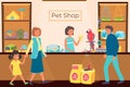 People in pet shop, store with animals, food for dogs, cute little cat, successful business, cartoon style vector Royalty Free Stock Photo