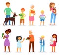 People with pet vector woman or man and children playing with animal characters cat dog or puppy illustration set of Royalty Free Stock Photo