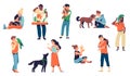 People with pets. Animals and happy loving owners, men and women characters hugging and playing with dog, cat, parrot