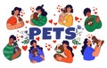 People and pets banner. Little persons holding dogs. Girl and boy love home animal, happy child smile, cute tidy Royalty Free Stock Photo