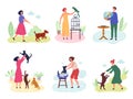 People with pets. Dog cats fishes birds rabbits love for domestic animals vector characters