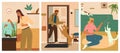 People and pets at home vector scene set