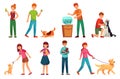 People with pets. Playing with dog, happy pet and dogs owners cartoon vector illustration set