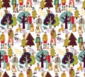 People and pets walking in park color seamless pattern