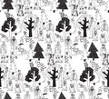 People and pets walking in park seamless pattern