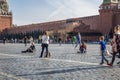 People are photographed against the background of the Kremlin on Red Square. Moscow, Russia, 23/09/2020 Royalty Free Stock Photo