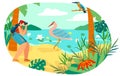 People photographing nature bird flat vector illustration, cartoon woman birdwatcher photographer taking bird picture Royalty Free Stock Photo