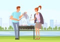 People on picnic or Bbq party. Man and woman cooking steaks and sausages on grill. Vector illustration.