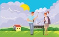 People on picnic or Bbq party in rural landscape. Man and woman cooking steaks and sausages on grill. Vector