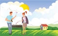 People on picnic or Bbq party in rural landscape. Man and woman cooking steaks and sausages on grill. Vector