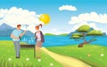 People on picnic or Bbq party in rural landscape. Man and woman cooking steaks and sausages on grill. Vector