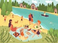 People on picnic outdoor with food and summer leisure, family on grass near trees and river with boat caroon vector