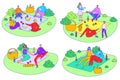 People on picnic outdoor, set of simple isolated scenes with flat line cartoon characters, vector illustration Royalty Free Stock Photo