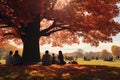 People picnic under the tree at park in autumn season. Generative AI