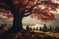 People picnic under the tree at park in autumn season. Generative AI