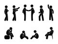 People pictogram in various poses, stick figure man isolated silhouette