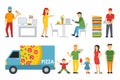 People in a Pizzeria interior flat icons set. Cashier, Customers, Bistro, Waiters, Delivery, Car. Pizza concept web