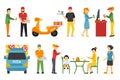 People in a Pizzeria interior flat icons set. Pizza concept web vector illustration. Cashier, Customers, Bistro, Waiters