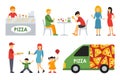 People in a Pizzeria interior flat icons set. Pizza concept web vector illustration.