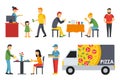 People in a Pizzeria interior flat icons set. Pizza concept web vector illustration.