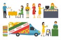 People in a Pizzeria interior flat icons set. Pizza concept web vector illustration