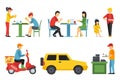 People in a Pizzeria interior flat icons set. Pizza concept web vector illustration.