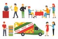 People in a Pizzeria interior flat icons set. Pizza concept web vector illustration.