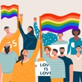People placards posters with lgbt rainbow transgender flag, pride month, parade against violence, descrimination, human