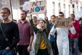 People with placards and protective suit on global strike for climate change. Royalty Free Stock Photo