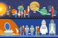 People in the planetarium set, innovation education museum horizontal vector Illustrations