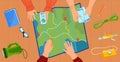 People planning travel concept vector illustration, top closeup view of cartoon flat traveler hands pointing on map