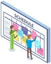 People planning weekly schedule, make marks in timetable, put stickers to daily planner, calendar Royalty Free Stock Photo