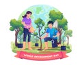 People plant and tend trees for environmental protection and nature care on World Environment Day vector illustration Royalty Free Stock Photo