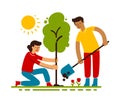 People plant trees in flat cartoon style. Saving environment, care for ecology of nature