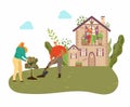 People planting tree in garden with country house, plants and gardening at nature, men with showel in garden isolated
