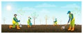 People planting trees in brown fertile soil. horizontal flat illustration. teenagers or volunteers is seeding and