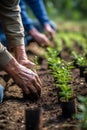 People planting trees, each holding a small pot with a sapling. AI-generated.