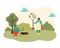 People planting trees, plants and gardening at nature, women with tools in garden isolated vector illustration.