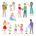 People planting vector man woman kids character gardening plant tree flower illustration environmental ecology set of Royalty Free Stock Photo