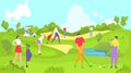 People play golf, young golfer, interesting active sport, men s club, fashionable lifestyle, cartoon style vector