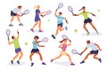 People play lawn tennis. Professional athletes with rackets in hands. Guys and girls submit or hit balls. Sportsman at