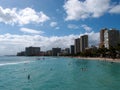 People play in the protected water and hang out on the beach in Royalty Free Stock Photo