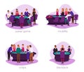 People play roulette, craps game, poker game and blackjack vector set. For design casino web sites. Four illustrations