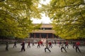 People play Taiji sword in a temple