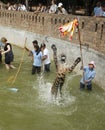 People play with tigers in a pond Royalty Free Stock Photo