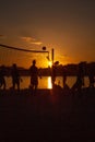 People play volleyball on the beach during the sunset