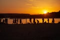 People play volleyball on the beach during the sunset