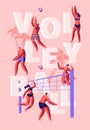 People Playing Beach Volleyball Poster. Summer Outdoor Active Sport Game Concept. Girl with Ball Air Jump. Handsome Man Volleyball Royalty Free Stock Photo