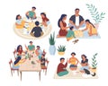 People playing board games, vector illustration. Families, friends sitting at table, on the floor spending time together